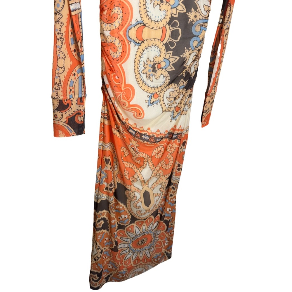 Farm Rio Long-Sleeve Mock-Neck Mesh Slim Midi Dress - Orange Bandana L - Picture 8 of 10